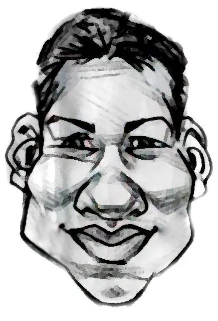 2001 — Karikaturportrait aus Prag: große Nase, Apfelbäckchen, hohe Stirn