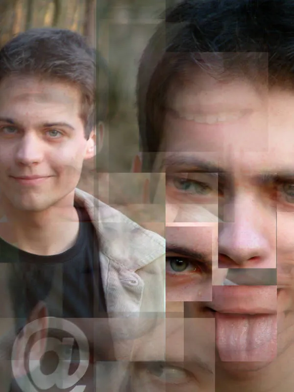 2003 — Portrait-Collage zum Abitur, verschmitzes Grinsen, rausgestreckte Zunge, T-Shirt mit @-Zeichen, Kort-Jacke